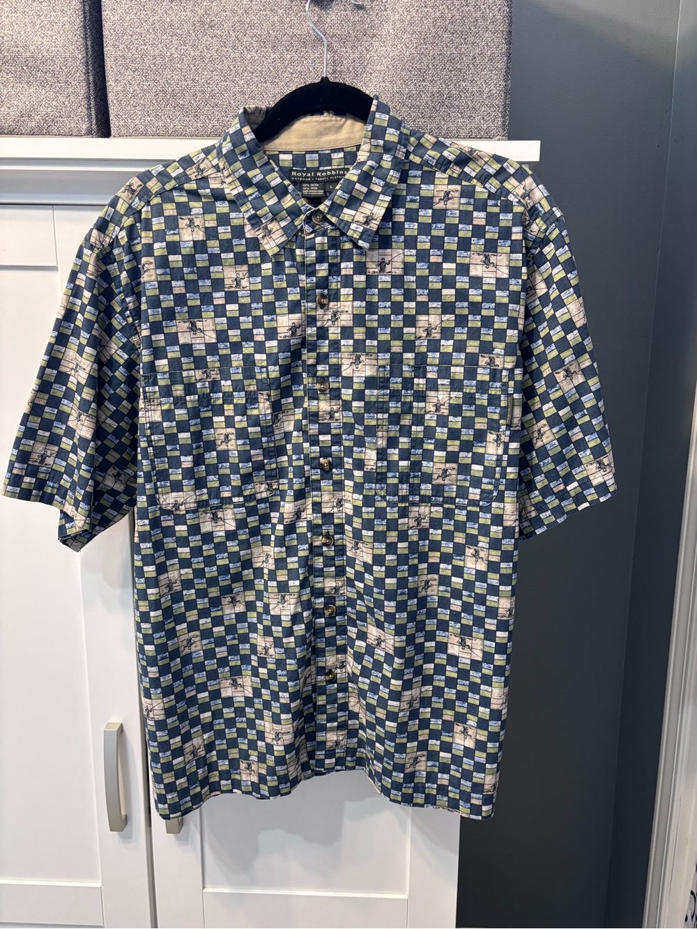 Royal Robbins Short-Sleeve Check Shirt Blue & Green Fly Fishing Theme Size L